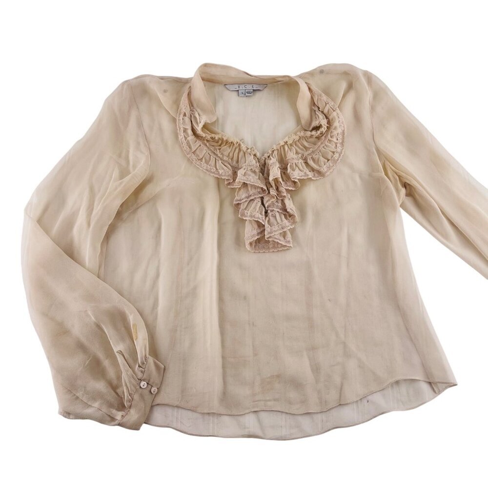 Beige Ruffled Blouse With Sheer Long Sleeves By I.C.E. Size L Womens‎ Chic Top